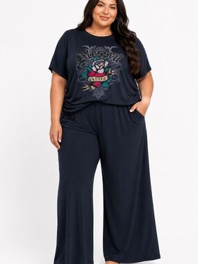 Plus Size black Wide-Leg Track Jumpsuit with Graphic Tee